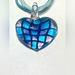 Murano Style Art Glass Heart Basket Weave Blue/Purple/ Pendant Necklace
